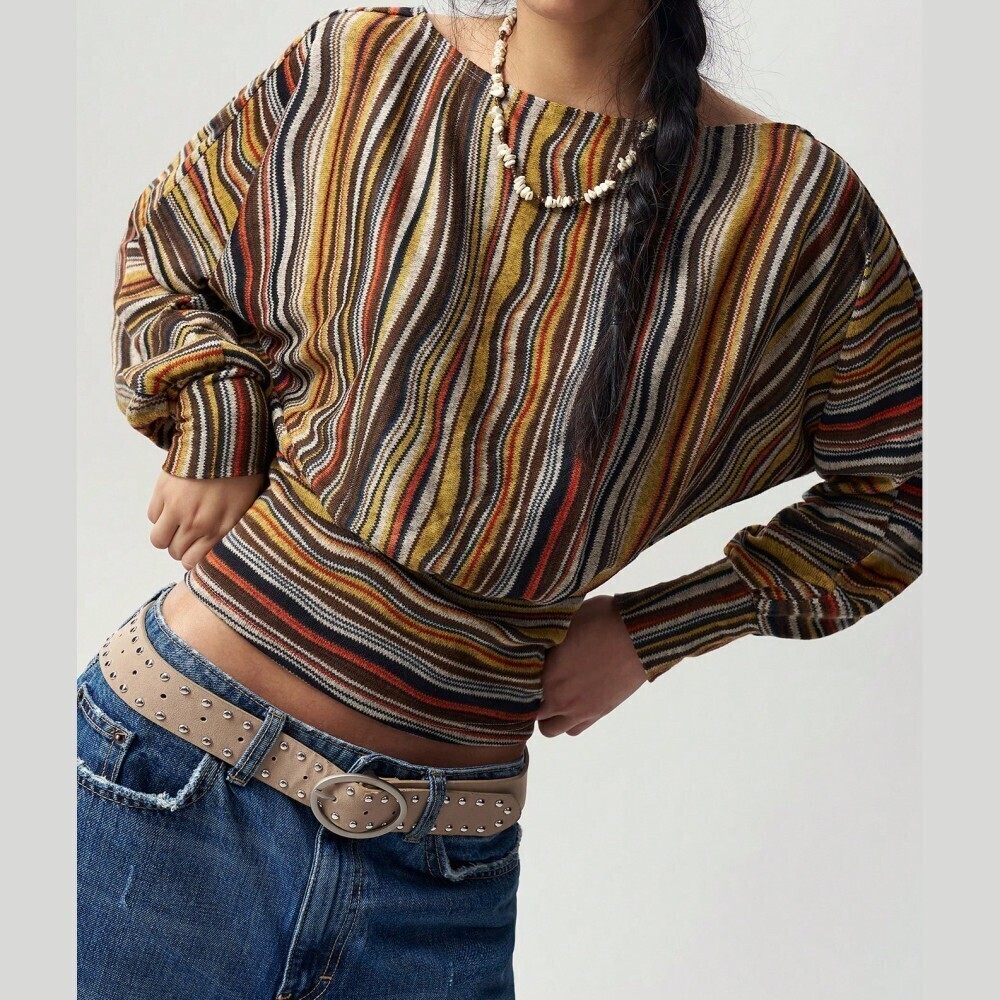 Multicolor Striped Knit Asymmetrical Neck Long Sleeve Crop Top Tee